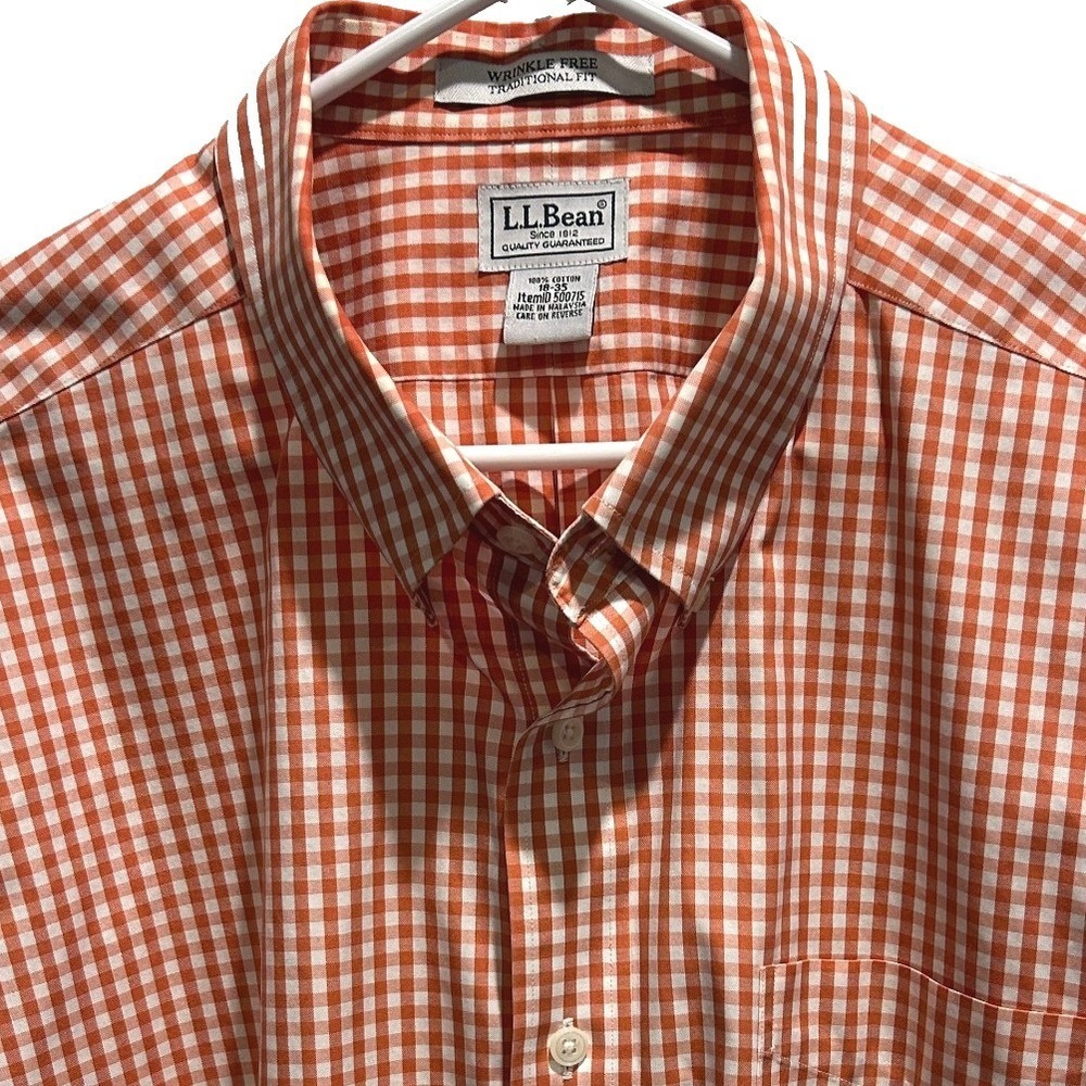 L.L. Bean Button Down 18-35 Mens Orange Gingham Wrinkle Free Traditional Fit